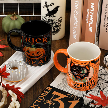 JarThenaAMCS 4Pcs Halloween Mugs Pumpkin Black Cat Ghost Skeleton Coffee Mug Orange Black Ceramic Drinking Cup for Halloween Party Table Centerpieces, 12oz