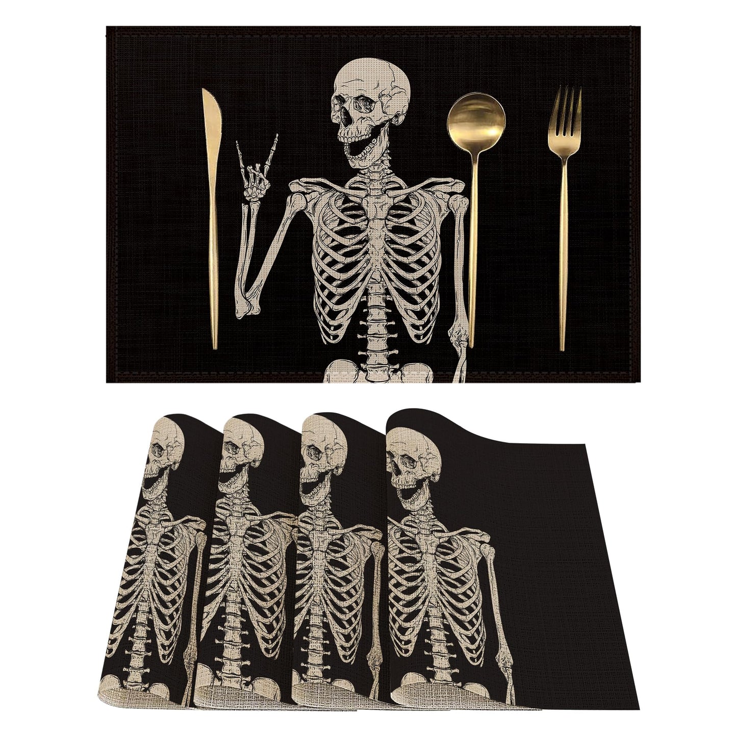 Placemats-Funny Skull Skeleton Linen Table Place Mats Set of 4 Non-Slip Heat Resistant Table Mats for Dining Kitchen Cabin Decor 12x18 Inch