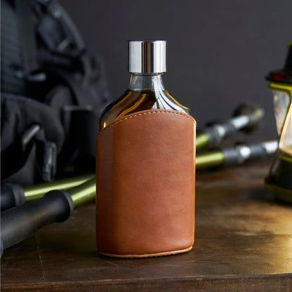 Viski Admiral Parker Glass Flask for Men, Elegant Leakproof Hip Flask with Leather Sleeve for Whiskey, Vodka, Gifts for Men, Groomsmen Gifts, Travel, Camping, Outdoor Adventure, 7 oz, Set of 1