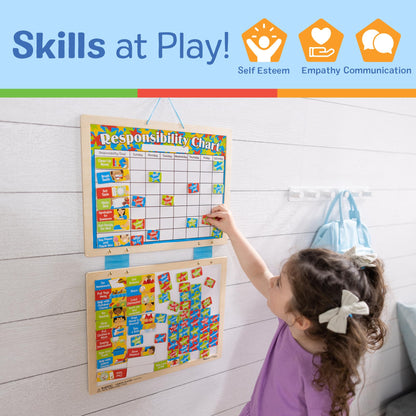 Melissa & Doug Magnetic Responsibility Chart and Kids Calendar - Wooden Chore Chart for Kids with 89 Magnets, Preschool Learning Activities for Ages 3+