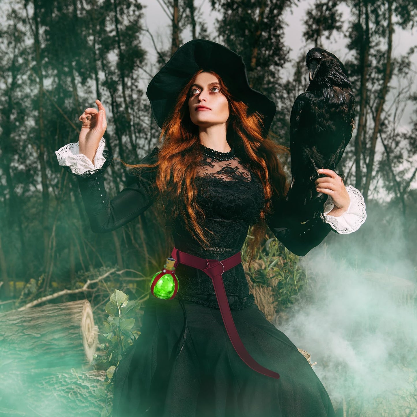Geyoga Halloween Witch Potion Bottles Wizard Staff Solar Light up Medieval Renaissance Witch Accessories Dark Magic Cork Bottle with Belt Decor(Burgundy with Green Light)