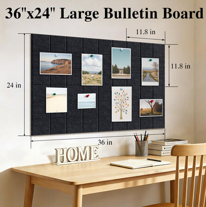 36" x 24" Large Black Cork Board Alternative - 6 Pack Felt Bulletin Board with 30 Push Pins, Felt Wall Tiles Pin Board for Walls Office Home School Decor, Aesthetic Cork Squares, Black
