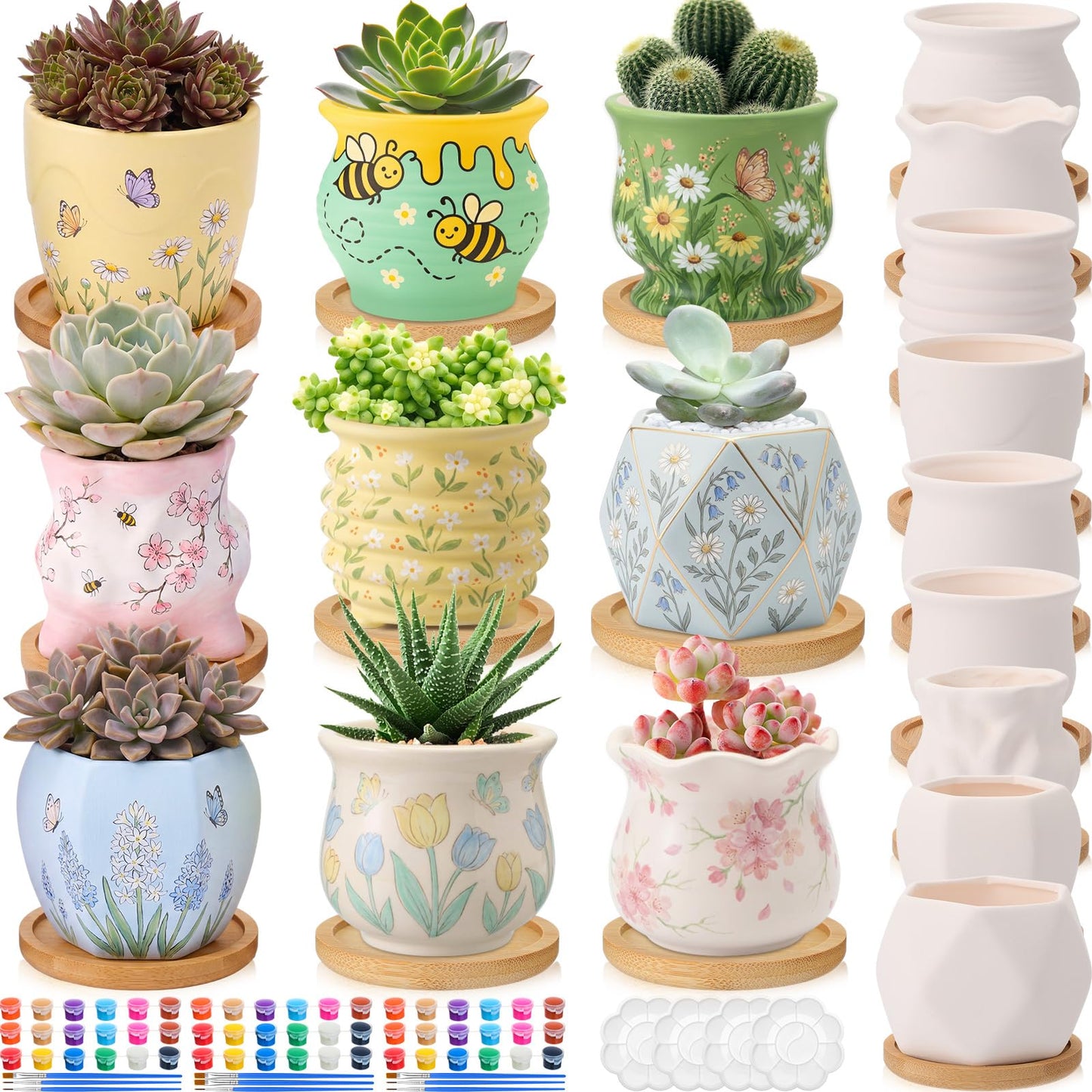 Leitee 22pcs Flower Pots 3 Inch Paint Your Own Ceramic Pot Craft Kit Ready-to-Paint Small Succulent Pots Bulk with Drainage Hole Paint Set Mini Paintable Plant Vase for Spring Birthday DIY Gift