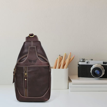Dimarcy Leather Cross-body Sling Bag Casual Daypack Backpack Chest Shoulder Multi-Purpose Timeless Design Small Men (Dark Brown)