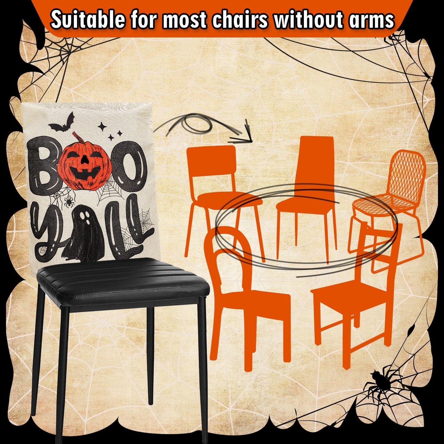 JarThenaAMCS 4Pcs Halloween Chair Covers Spooky Ghost Boo Y' All Seat Covers Washable Black Dining Chair Slipcover Protector for Home Kitchen Decor