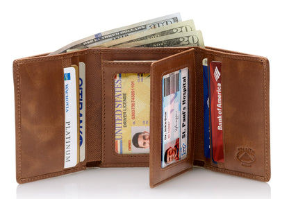 Stealth Mode Trifold Wallet for Men RFID Blocking – Genuine Napa Leather Extra Capacity Mens Wallet, 11 Card Slots, 3 ID Windows, Flip Out ID Holder, Large Tri Fold Leather Wallet for Men - Gift Ready