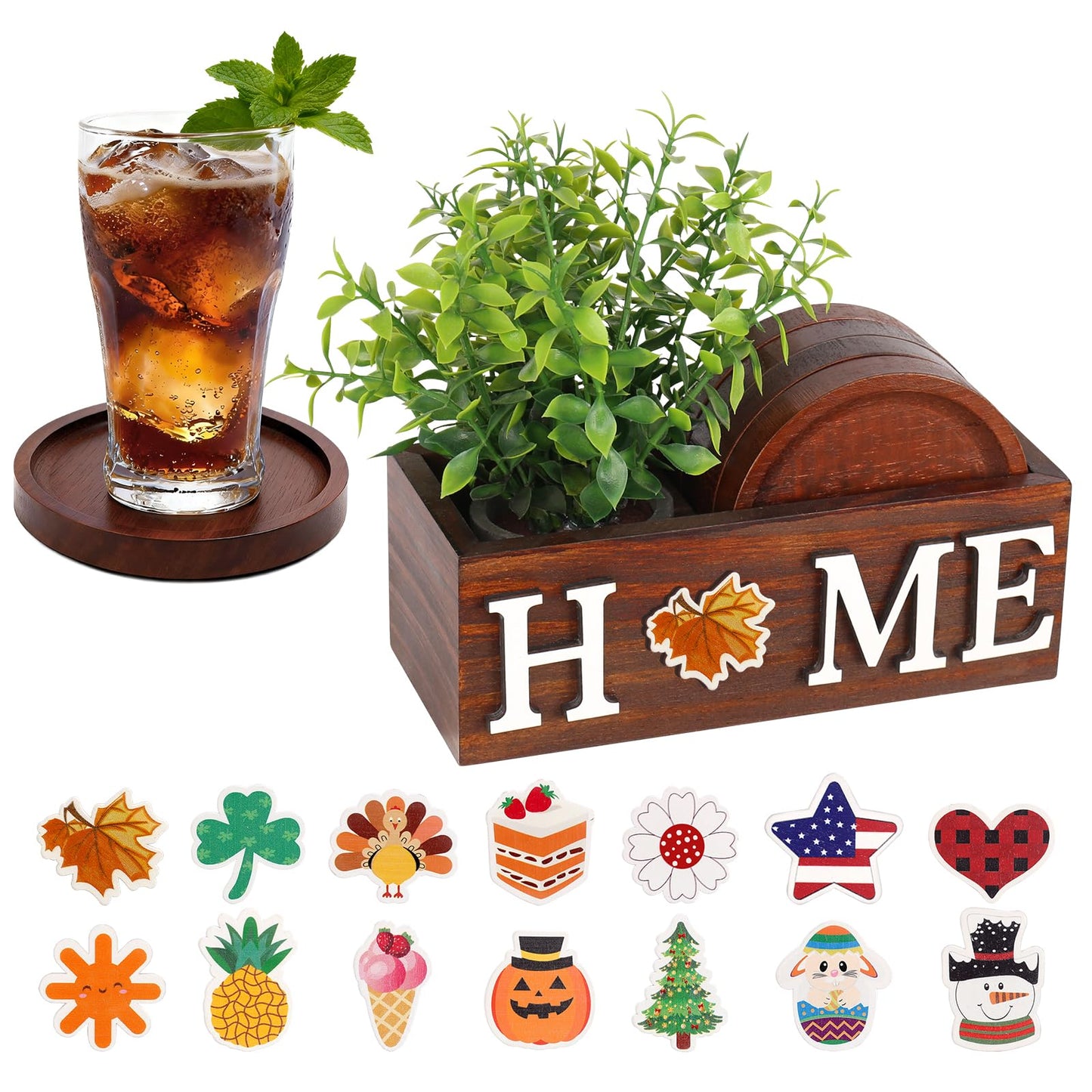 PurpleSwan 4 Pcs Wood Coasters for Drinks with Holder, Interchangeable Home Sign Green Plants Potted Wooden Coaster Set, for Farmhouse Office Bar Drink Coffee Coasters Table Decor.