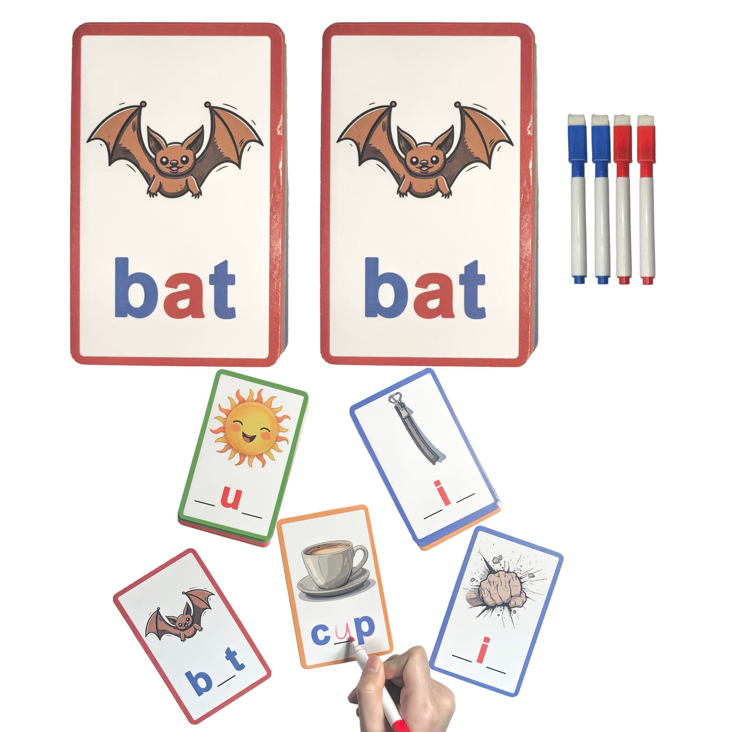 CVC Learning Flash Cards 2 Set- Educational Spelling and Reading Game for Preschool and Kindergarten, Includes Colorful Erasable Pens