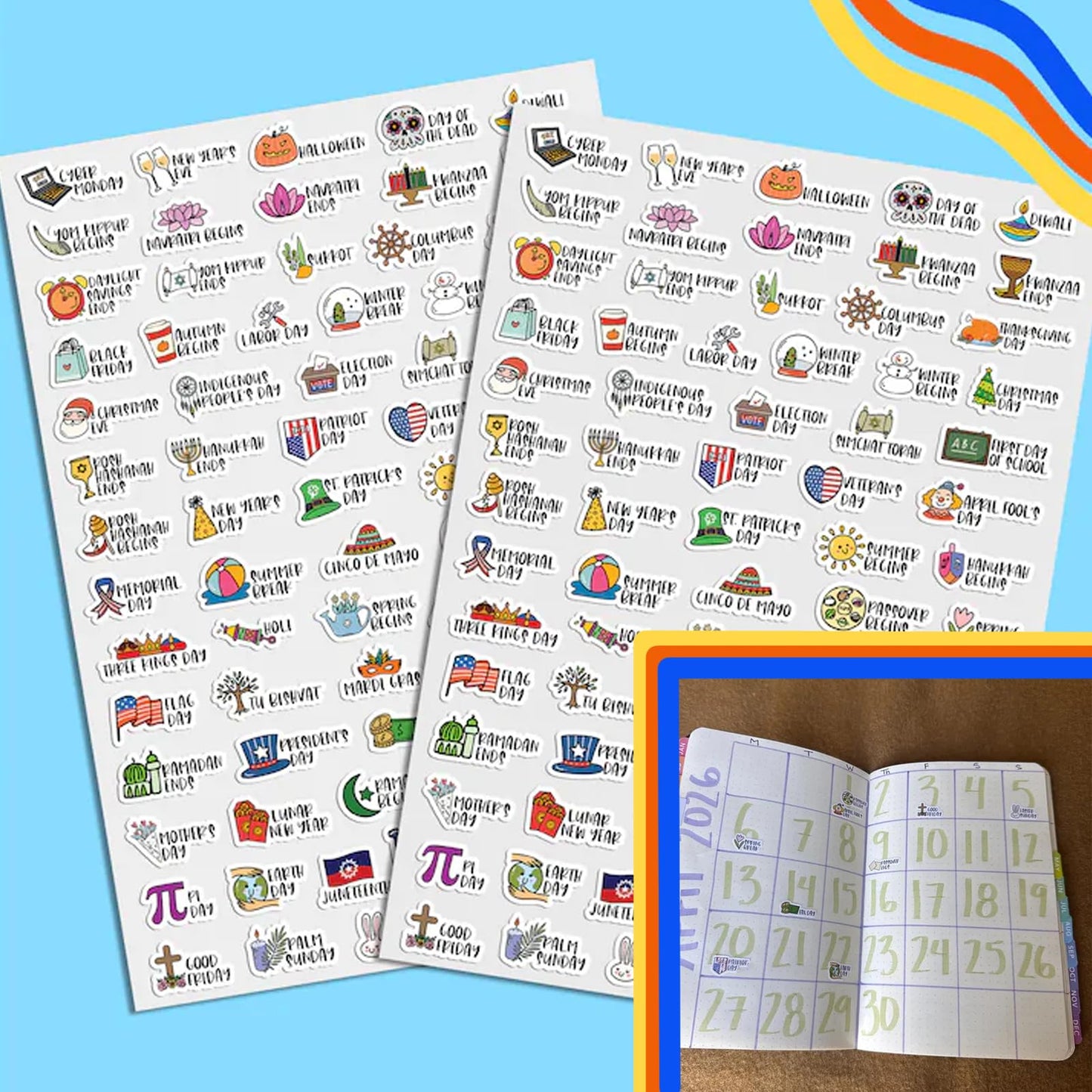 Holiday Planner Stickers Pack of 5 Sheets Cute Holiday Icon with Us Holidays Decorative Planner Stickers for Calendar Bullet Journal Scrapbook Waterproof PVC