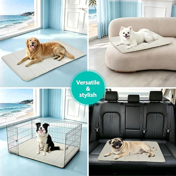 Cooling Dog Mat Q-Max>0.5 - Rapid Cooling Tech, Thin Breathable Crate Pad, Portable Washable Summer Mat, Chill Soothing Fabric - 24"x18" Small Dog/Cat, Dark Beige