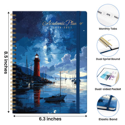 Academic Planner 2026-2027, Monthly and Weekly Calendar Planner, July 2026 - June 2027, Pretty Hardcover Teacher Student Planning Agenda Book with Tabs, Fit for School Office Supplies, 6.3" x 8.5", Harbor Starlight