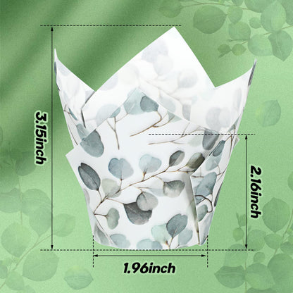 Funtery 200 Pcs Green Tulip Cupcake Liners Wrappers Tulip for Baking Eucalyptus Cupcake Liners Mini Baby Shower Baking Rustic Wedding Birthday Party Decorations for Bridal Shower Festival Party