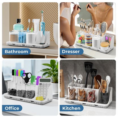 PARKMANI Bathroom Counter Organizers and Storage, Toothbrush Holders for Bathrooms with 3 PCS Qtip Holder, Kids Electric Toothbrush and Toothpaste Holder for Bathroom Vanity Sink Organizer (White)