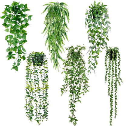 Sggvecsy Fake Hanging Plants 6 Pack Artificial Hanging Eucalyptus Plants Potted Greenery Faux Mandala Vine String of Pearls Boston Fern Ivy Vine Leaves Pea Pod for Home Indoor Outdoor Shelf Wall Decor