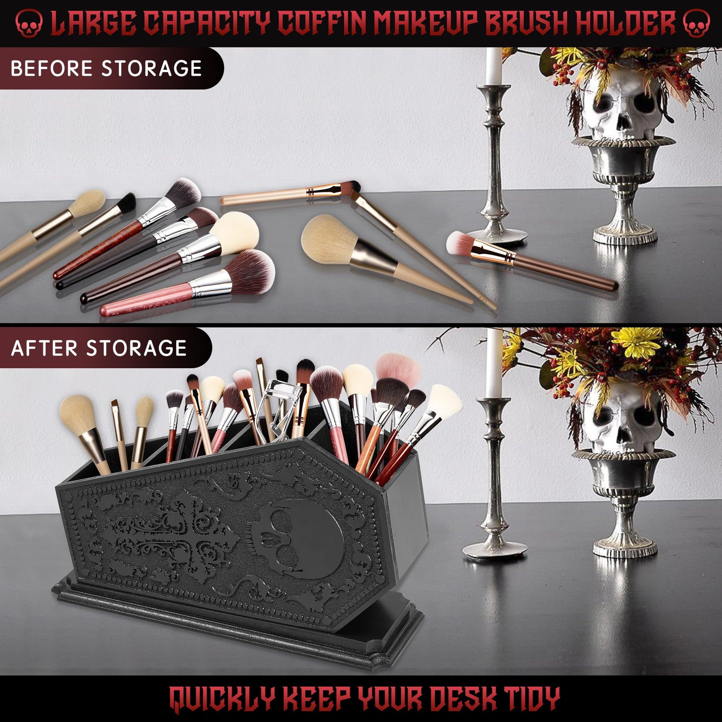 Gothic Coffin Decor Makeup Brush Holder,Spooky Witchy Gifts for Women,Skull Cosmetic Display Cases,Goth Decor Pen Holder, Vanity, Desk, Office Organizer for Christmas Bedroom Bathroom (Black)