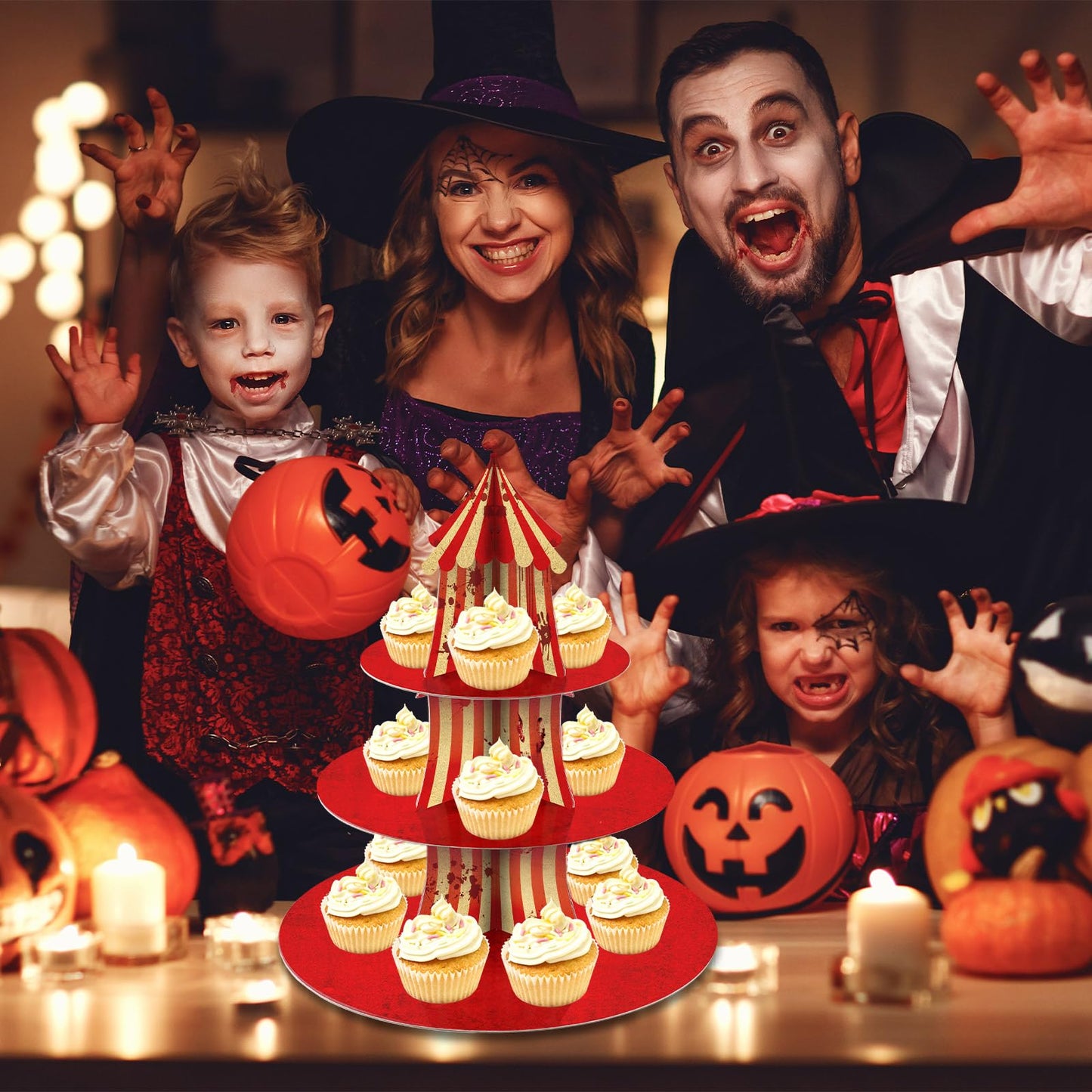 2Pcs 3-Tier Halloween Carnival Decoration Halloween Creepy Circus Cupcake Stand Evil Scary Circus Dessert Tower Stand Carnival Bloody Striped Cake Holder for Horror Movie Dinner Nights Party Supplies