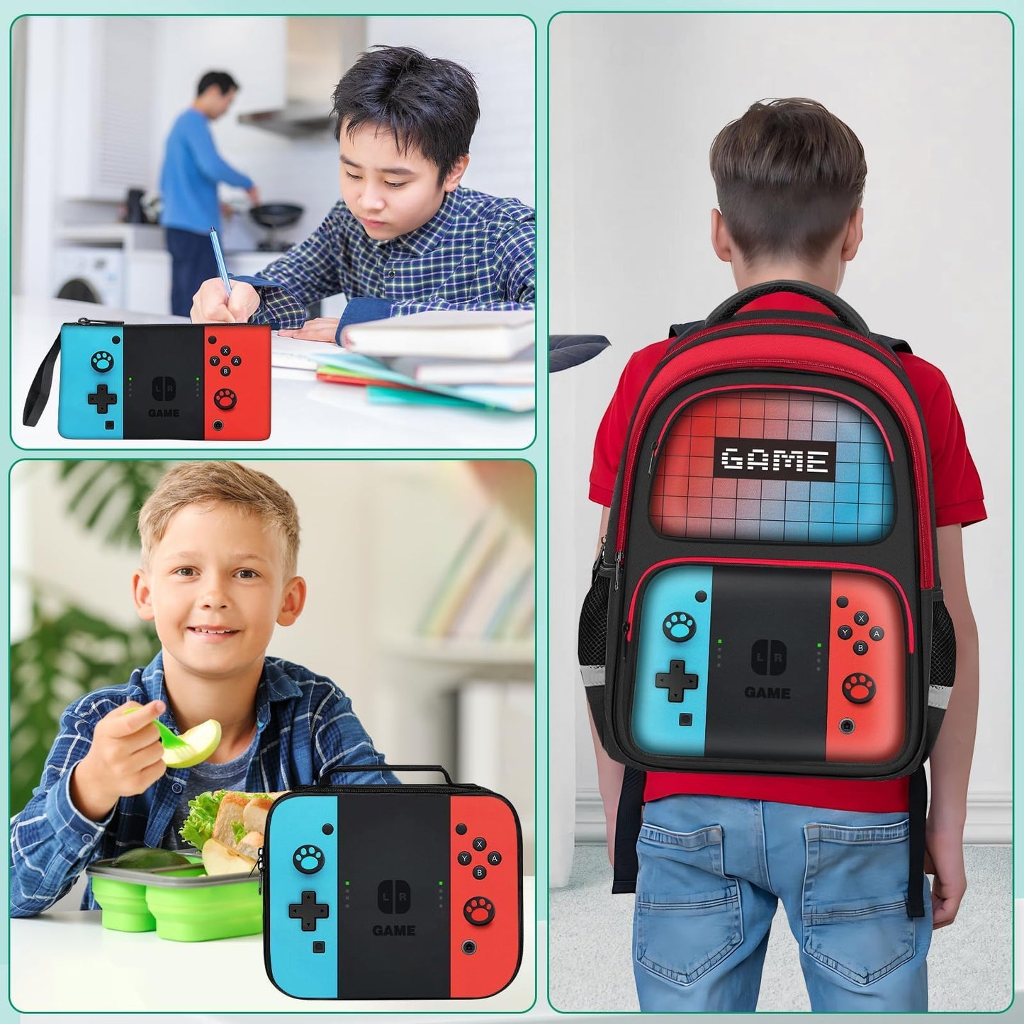 JIRAIKEI Kids Backpack for Boys,3pcs Boys Backpack with Lunch Box Set for Children Teens Elementary Middle School,Gamer Bookbag Ages 6-18,School Bookbag Travel Back Pack,17″ Large Capacity