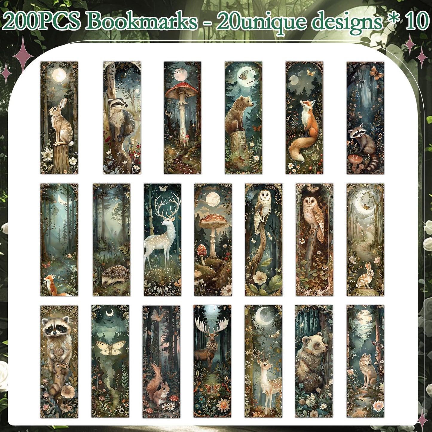 Cosmisun Woodland Animal Bookmarks Gifts - 100 Pcs Fantasy Forest Animal Bookmark Paper Mushroom Raccoons Flower Book Mark Page Clips Gifts for Women Men Book Lovers Students Teachers Bookish Reading