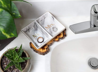 Aller Home & Kitchen Mr. & Mrs. Ring Dish - Marble Design Trinket Dish, Couples Ring Holder Dish - His and Hers Two Section Jewelry Dish Tray, Great for Wedding and Engagement Gifts