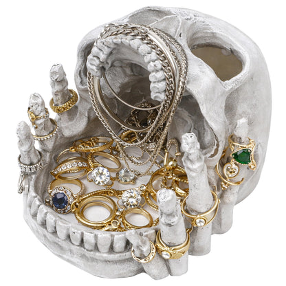 Resin Skull Shaped Jewelry Holder for Ring & Charm, Gothic Skull Decorative Storage for Earring Trinket, White Dark Aesthetic Halloween Decor, Shelf Display Gift for Bedroom, Living Room Home Office
