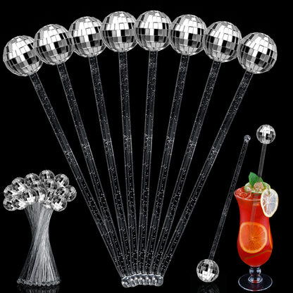 Sawysine 48 Pcs Disco Party Decorations Disco Ball Cocktail Stirrers 8 Inch Silver Mirror Ball Stir Sticks Beverage Coffee Drink Stirrer for 70s 80s Bachelorette Wedding Birthday Party(Silver)