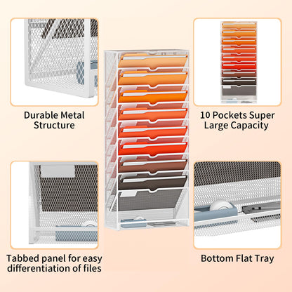 Marbrasse 10-Tier Hanging Wall File Organizer, Wall File Holder for Papers, Files Clipboard & Magazine Organizer, Wall Mount File Holder Great for Office Home (White)