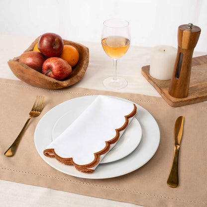 Blue Needles Scalloped Embroidery Cloth Napkins - 100% Cotton Set of 4 White Cloth Napkins with Scallop Design, 17 X 17 Inch Soft, Reusable, Washable Spring Summer Easter Table Decor - Edges - Rust