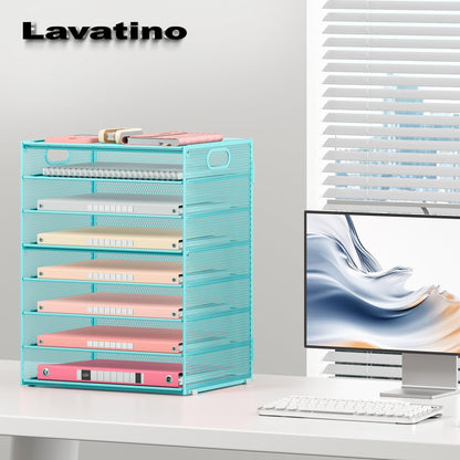 Lavatino 8-Tier Office Desk File Organizer, Letter Tray Paper Organizer with Handle, Including 5 Adjustable Slide Trays for Organizing Desktop Workspace Accessories and Supplies (Blue Metal Mesh)