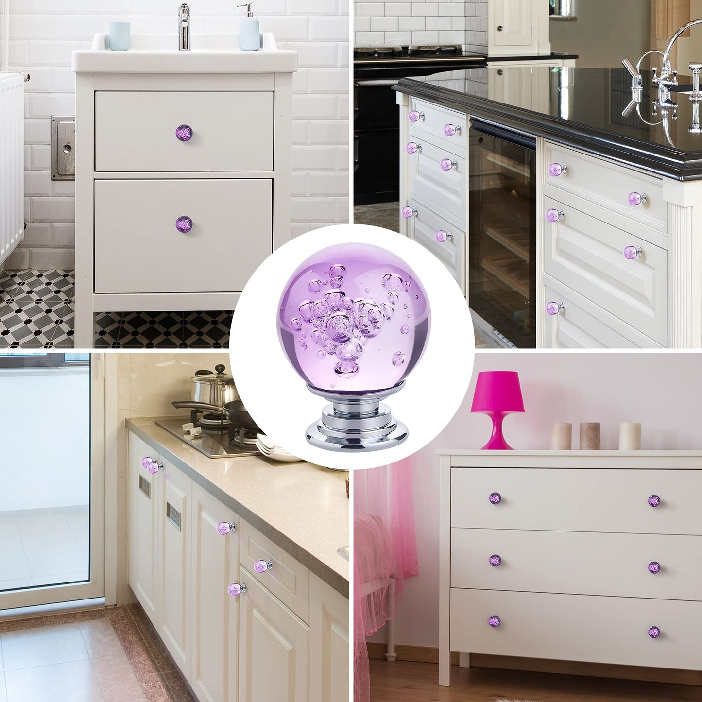IEIK 10 PCS Crystal Cabinet Knobs Round Glass Bubbles Dresser Knobs Smooth Drawer Knobs Handle for Home, Cabinet, Drawer and Dresser Hardware with 3 Different Size Screws, 30MM (Purple)