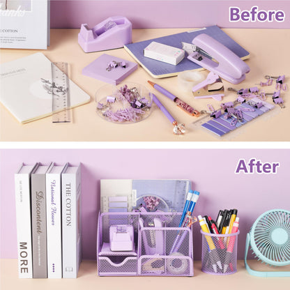 15 Pcs Purple Office Supplies Set Mesh Desk Organizer Accessories Kit Include Stapler Tape Dispenser Staple Remover Clips Ruler Scissors Sticky Notes for Office School Home Women (Purple)