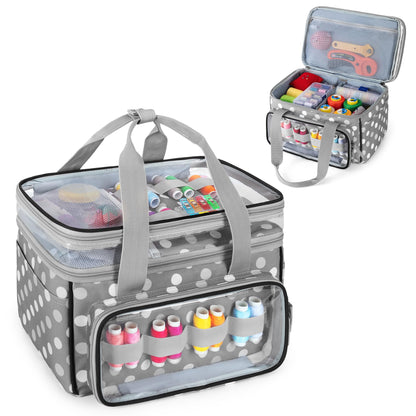 LUXJA Double-Layer Sewing Storage Organizer with Transparent Compartment, Large Sewing Organizer Bag with Detachable Divider for Sewing Supplies (Bag Only), Polka Dots