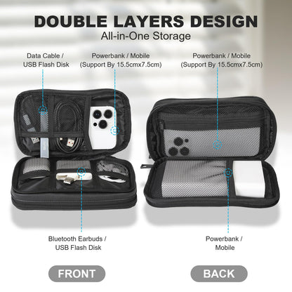 Ezday Travel Cable Organizer Bag, Electronic Accessories Carry Pouch, Portable Waterproof Double Layers All-in-One Storage Bag for Cord, Charger, Phone, Earphone (Black, Small)