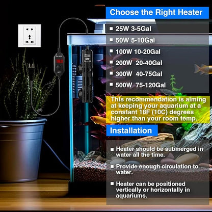 Aquarium Heater 50W, Submersible Fish Tank Heater with LED Digital Display, Auto Power-Off When Leaving Water & High Temp Protection, for Fresh and Salt Water Tanks 5-10 Gal