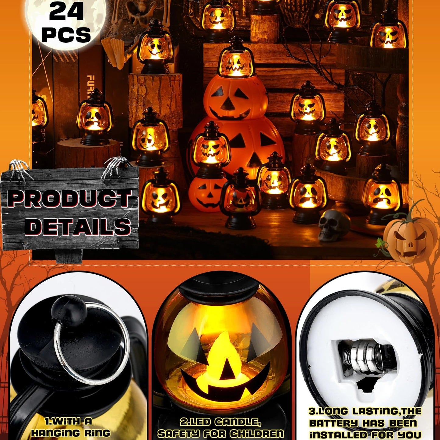 ROCEEI Halloween Mini Pumpkin Lantern 3.54 Inch Jack O Lantern Table Centerpiece Halloween Hanging Decoration Bulk Light up Lamp with Flickering LED Candle for Party Decor Indoor Outdoor(24 Pcs)