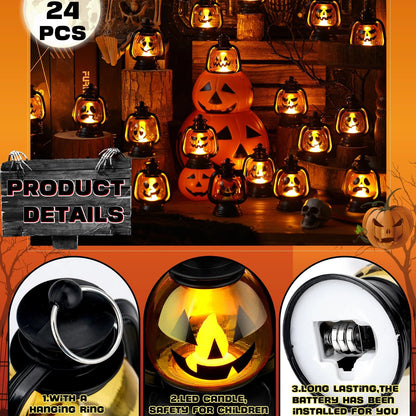 ROCEEI Halloween Mini Pumpkin Lantern 3.54 Inch Jack O Lantern Table Centerpiece Halloween Hanging Decoration Bulk Light up Lamp with Flickering LED Candle for Party Decor Indoor Outdoor(24 Pcs)