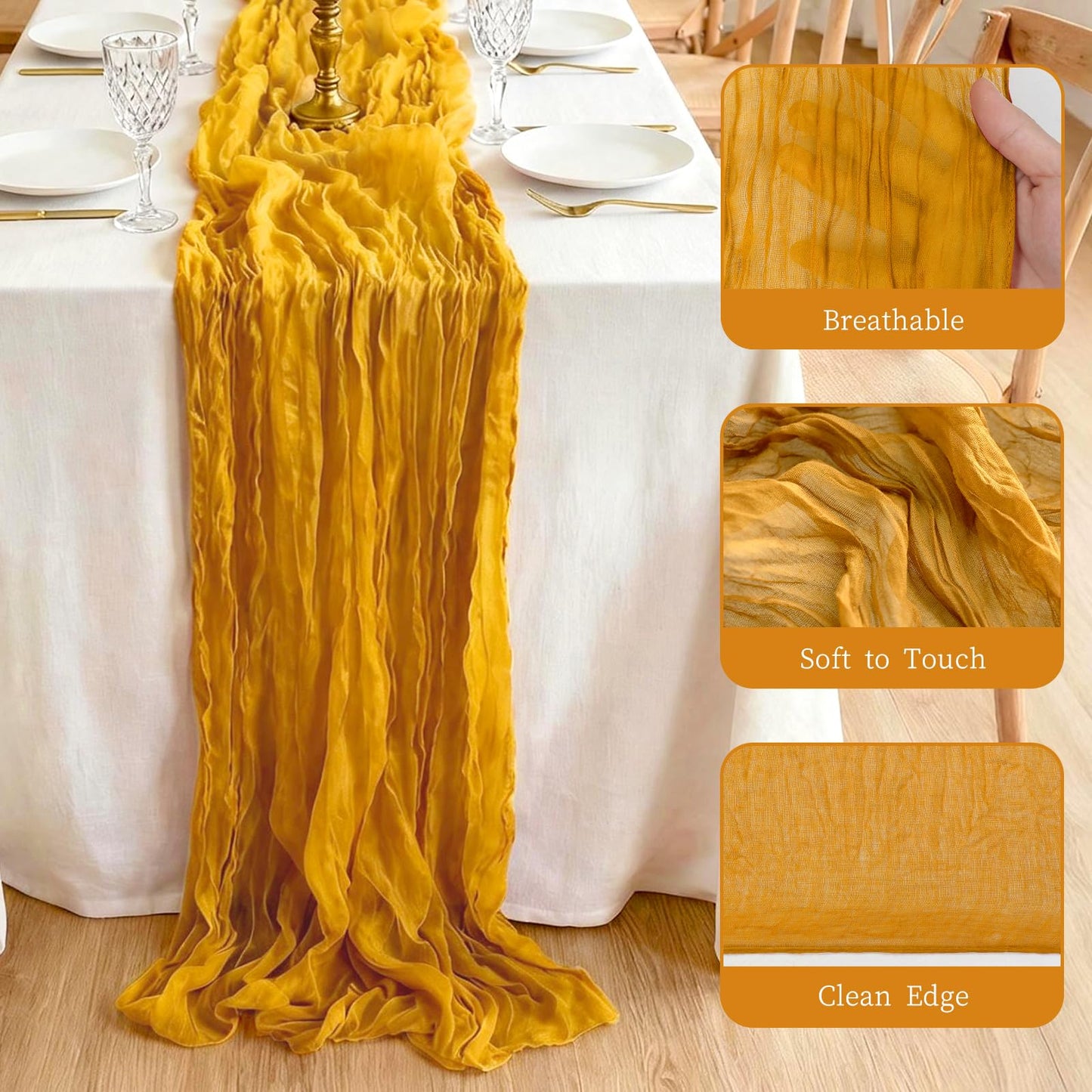 3 Pcs Gold Cheesecloth Table Runner, 35"×120" Halloween Gauze Sheer Table Runner, 10FT Boho Cheese Cloth Table Decorations for Thankgiving Wedding Birthday Autumn Rustic Decor