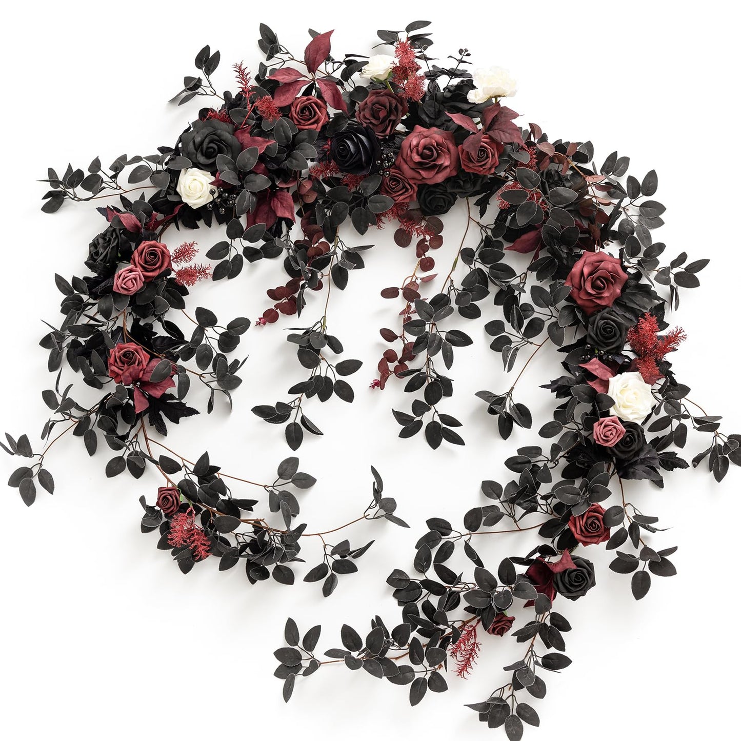 Ling's moment 9FT Eucalyptus & Willow Leaf Garland with White Flower, Handcrafted Wedding Sweetheart Table Centerpieces Head Table Decor Arch Backdrop Decorations for Wedding | Black & Burgundy