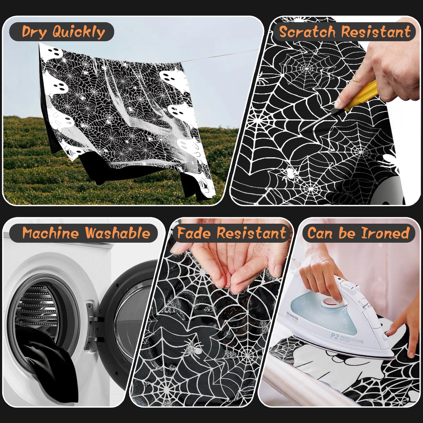QIALETS Halloween Tablecloth Round 60 Inch Spooky Ghost Spider Web Black Table Covers Washable for Indoor Outdoor Dining Home Party Holiday Decorations