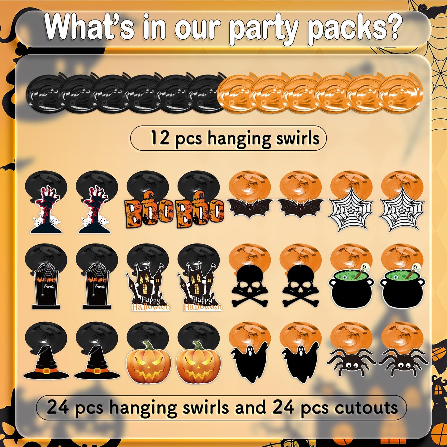 PartyGarden Halloween Hanging Swirl Decorations - 36 Pcs Hanging Spooky Ceiling Decor with Ghost, Pumpkin, Skull for Home, Office, Party