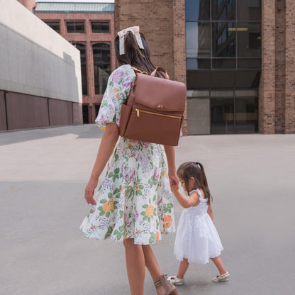 Freshly Picked Mini Diaper Bag II Backpack – Premium Vegan Leather Small Baby Bag with Changing Pad, Compact, Lightweight & Stylish for Moms On-the-Go, Cognac