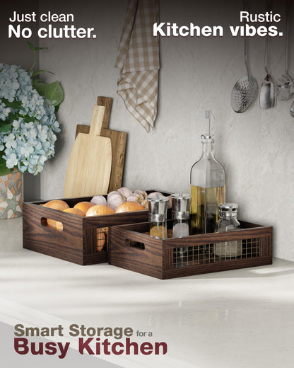 NAGAWOOD Wooden Countertop Baskets Set of 2 for Kitchen, Pantry|Wall Mount Upgrade with Full Accessories| Rustic Nesting Boxes|Wooden Organizer Crates for Vegetables, Produce, Bread
