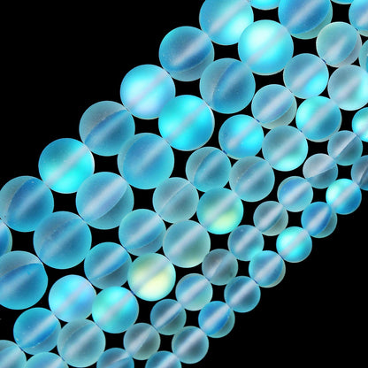 Matte Aquamarine Aurora Crystal Glass Beads, 10MM Frosted Glitter Shining Mermaid Round Loose Beads, Rainbow Holographic Synthetic Moonstone for Jewelry Making DIY Bracelet