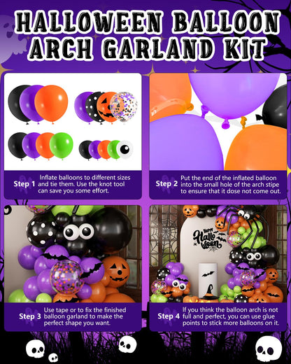 136Pcs Halloween Balloon Garland Arch Kit with Purple Black Orange Green Eyes Balloons, Bats, Spider Web for Halloween Party Decorations