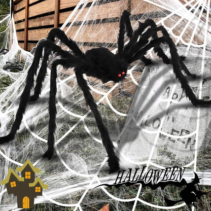 3in1 Halloween Decorations 5ft Giant Spiders 200" White Spider Web Haunted House Outdoor Wall Decor for Halloween Props (Giant Triangular Spider Web+Black Fake Spider+Stretchable Cobwebs)