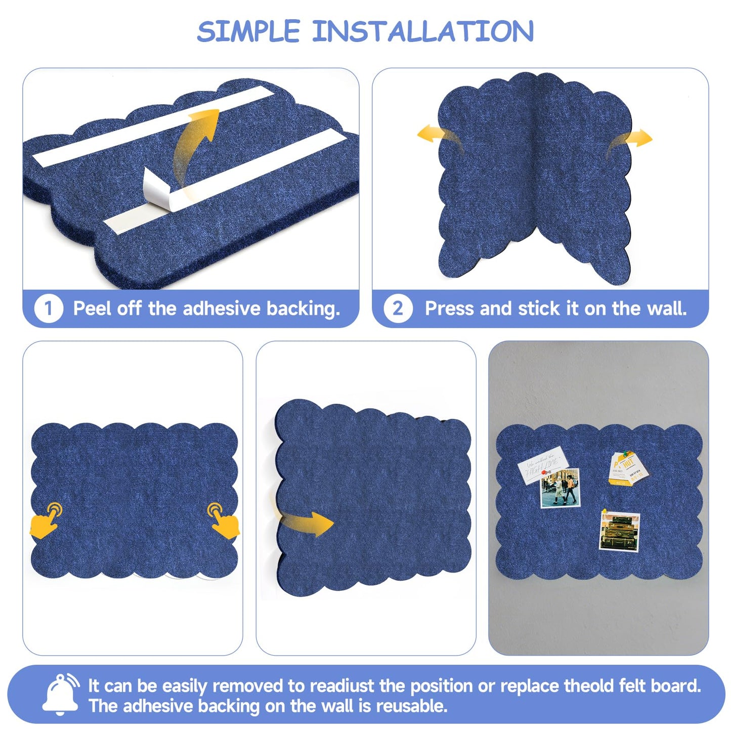 Felt Bulletin Board 36" x 24" Cork Board Alternative,Decorative Felt Pin Board Foldable Cork Boards for Walls Self-Adhesive Cork Board for Home Office Classroom Pin Board (Dark Blue)