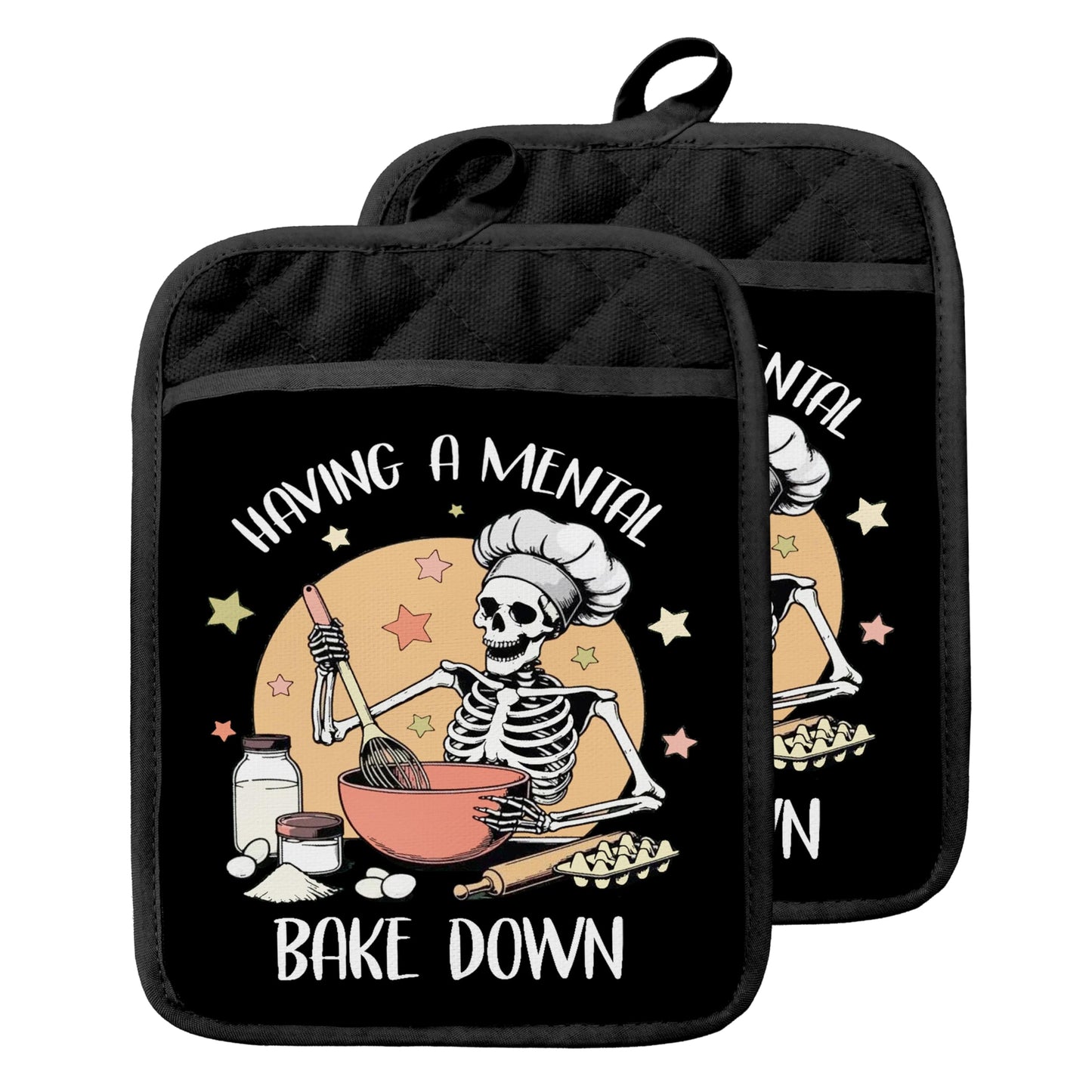 GOOZHO Funny Halloween Skeleton Baker Pot Holders with Pockets, Having a Mental Bake Down Halloween Skull Oven Pot Holders Heat Resistant Oven Mitts Hot Pads for Kitchen Baking Cooking