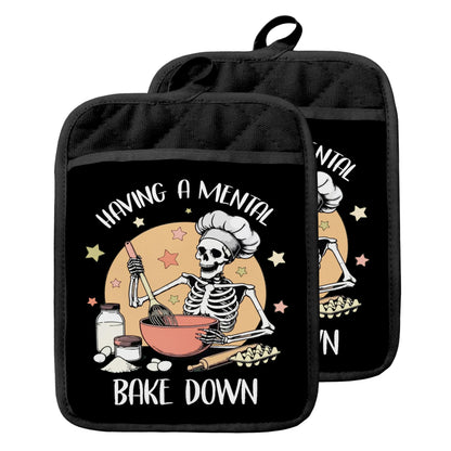 GOOZHO Funny Halloween Skeleton Baker Pot Holders with Pockets, Having a Mental Bake Down Halloween Skull Oven Pot Holders Heat Resistant Oven Mitts Hot Pads for Kitchen Baking Cooking