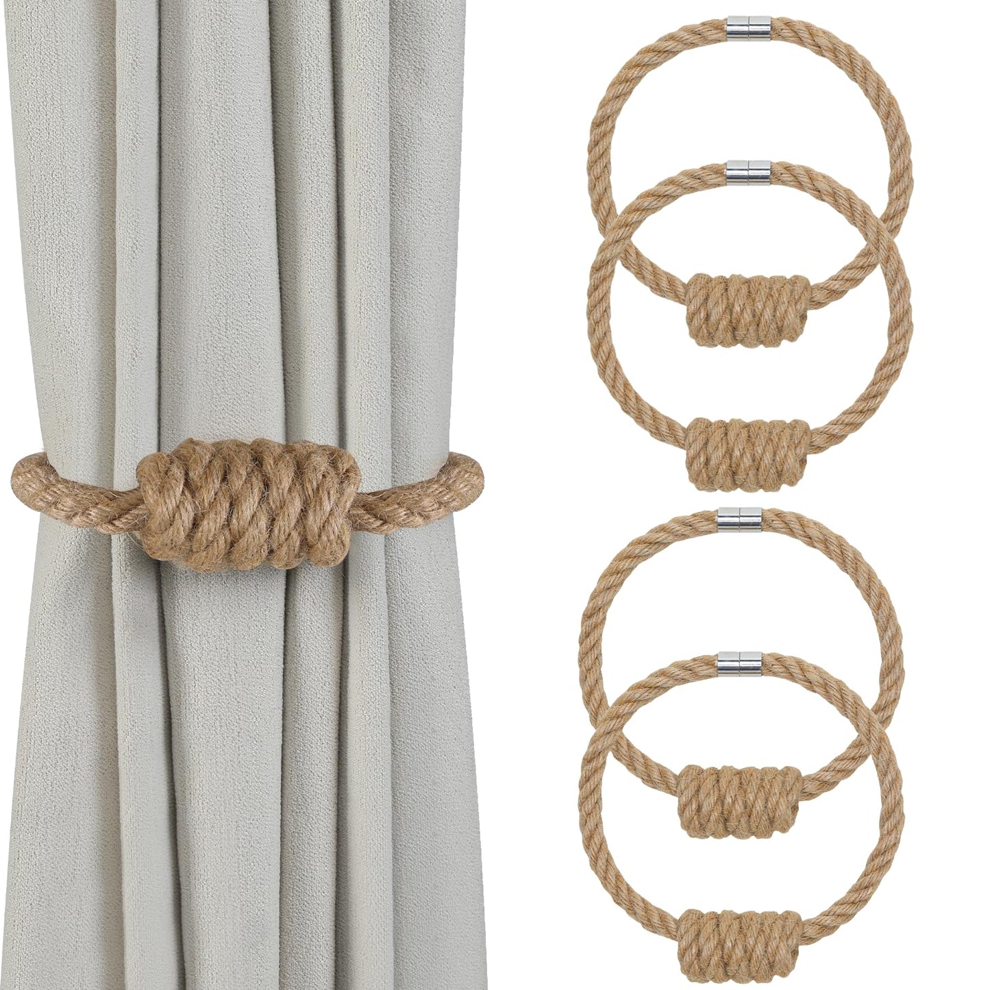 Magnetic Curtain Tiebacks, Decorative Jute Curtain Holdbacks for Draperies, Elegant Hand Weave Rope Knot Curtain Tie Backs, Boho Curtain Tiebacks for Home Office Bedroom Decor(Jute,4Pack)
