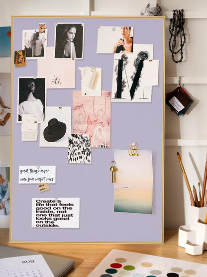 Lightomorrow Bulletin Board 30 x 20 inches, Light Lavender Pin Board, Golden Aluminum Framed Fabric Cork Board with 10 Push Pins
