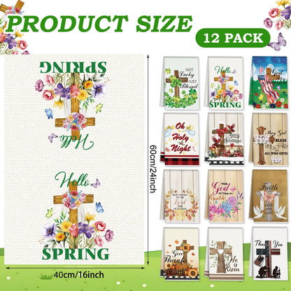 Mindsoft 12 Pcs Christian Seasonal Kitchen Towels 16 x 24 Inch Religious Cross Flower Dish Towels with Hanging Loop Christian Gifts for Women Men Absorbent Dishcloth for Oven Door Housewarming Decor